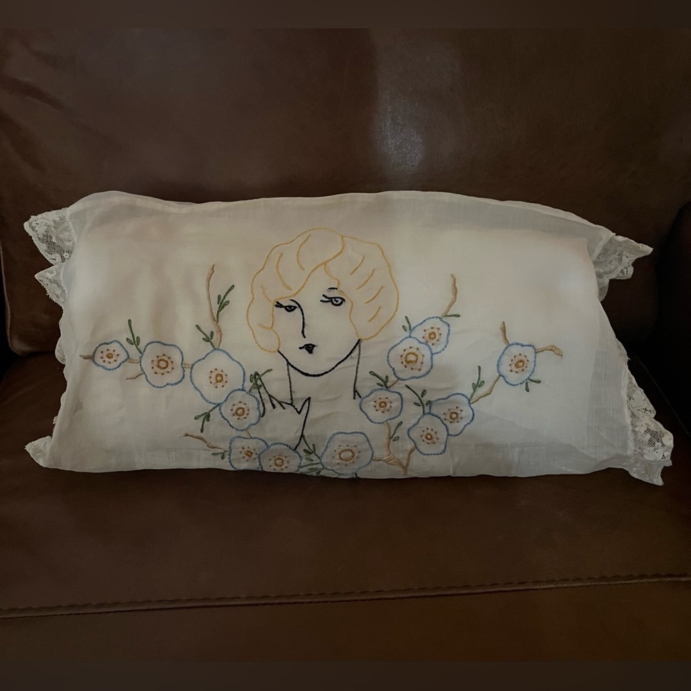 Vintage 1920’s Embroidered Lady Floral Pillow sham with hand made Lace Edges
